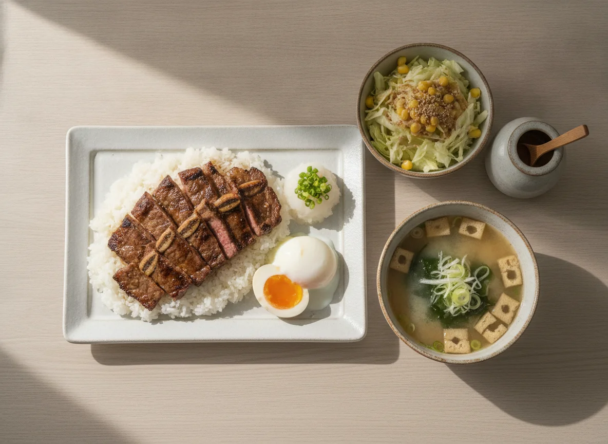 Grilled Beef Set Meal with Miso Soup and Salad photo
