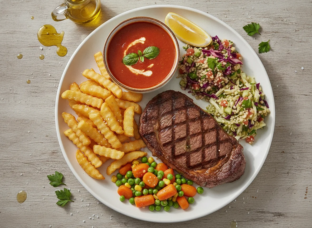 Grilled Beef Steak with French Fries, Mixed Vegetables, Tabbouleh and Soup photo