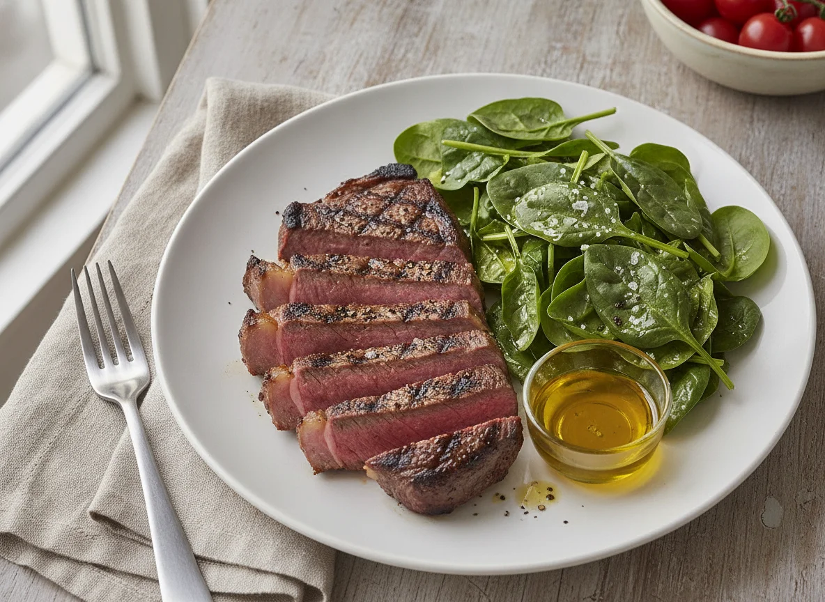 Grilled Beef Steak with Fresh Spinach photo