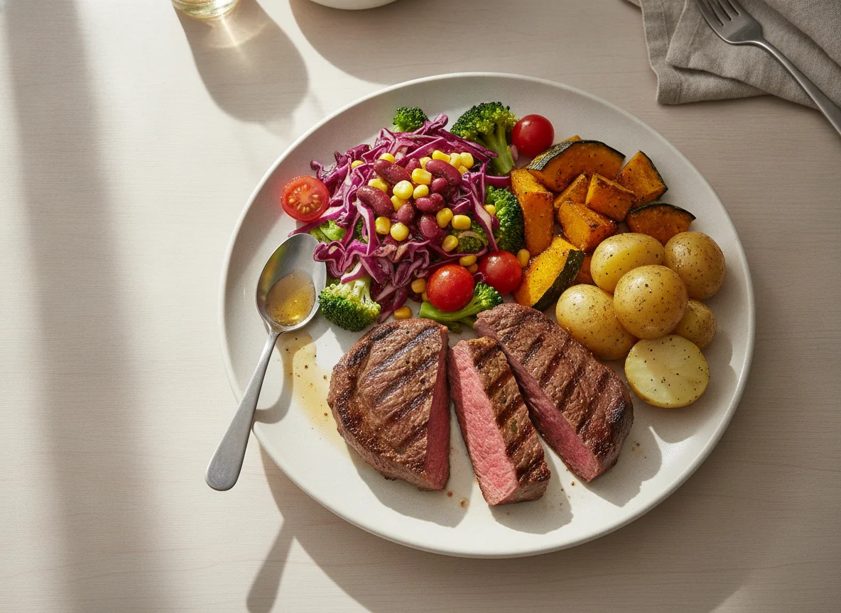 Grilled Beef Steak with Mixed Salad and Roasted Vegetables photo