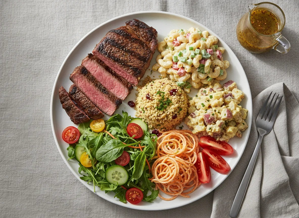Grilled beef steak with mixed salads and pasta photo