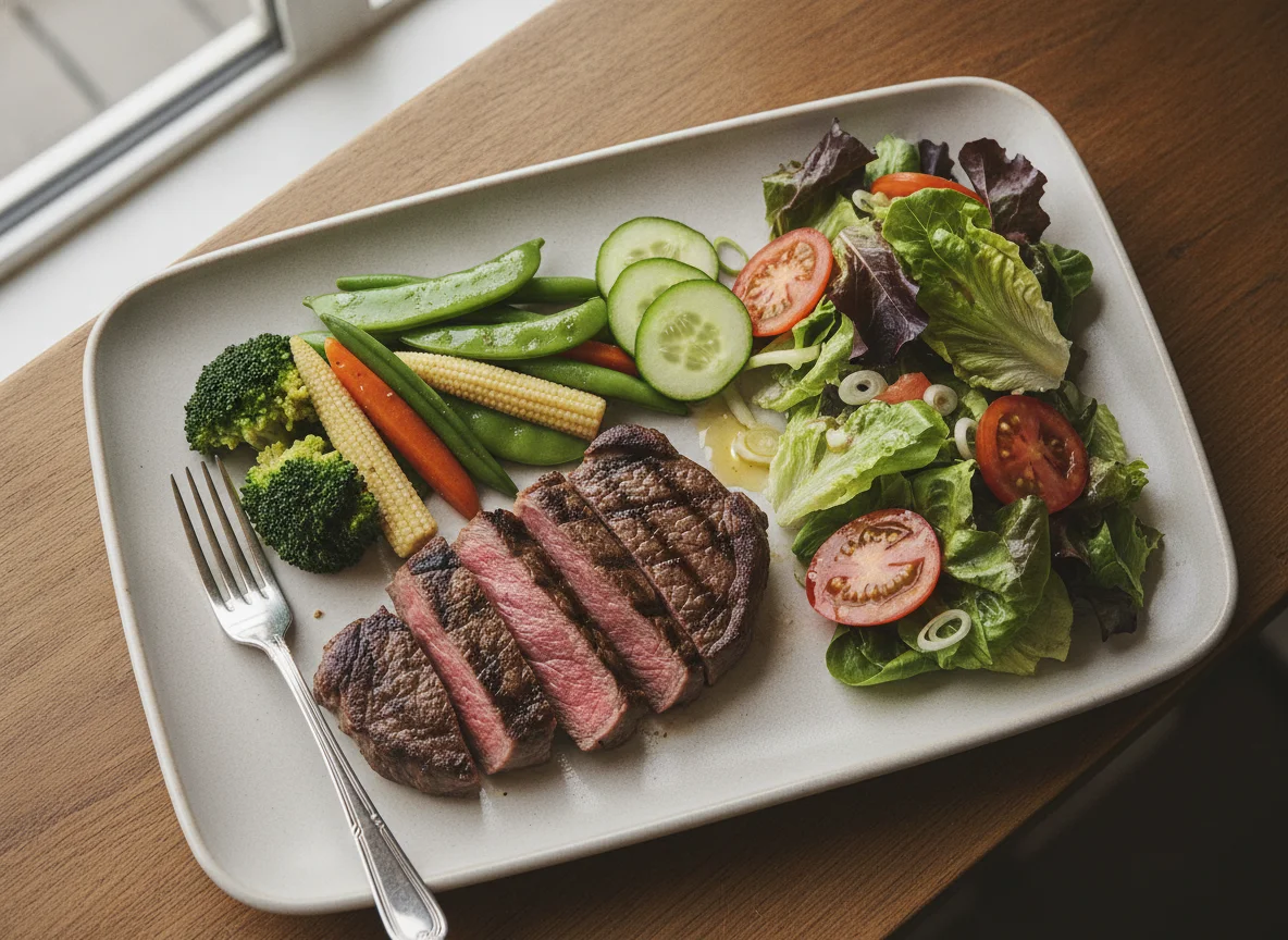 Grilled Beef Steak with Mixed Vegetables and Salad photo