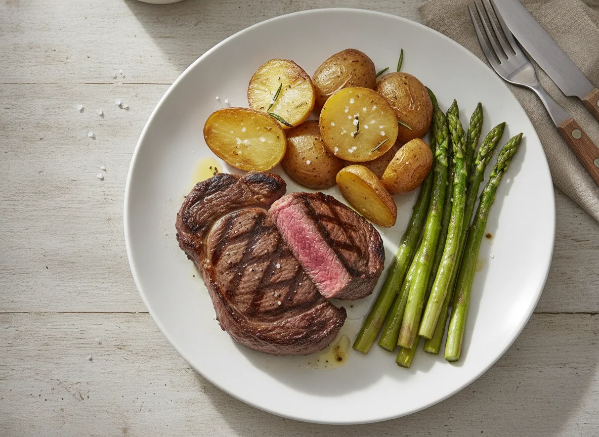Grilled beef steak with roasted potatoes and green asparagus photo