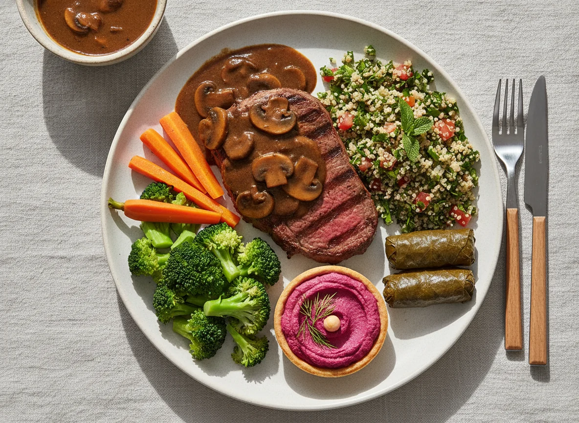 Grilled beef with broccoli, quinoa salad, and dolma photo