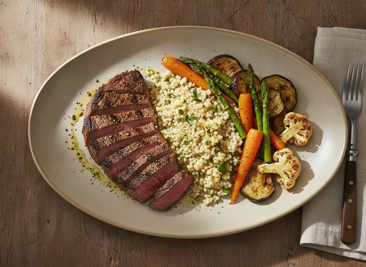 Grilled Beef with Roasted Vegetables and Couscous photo