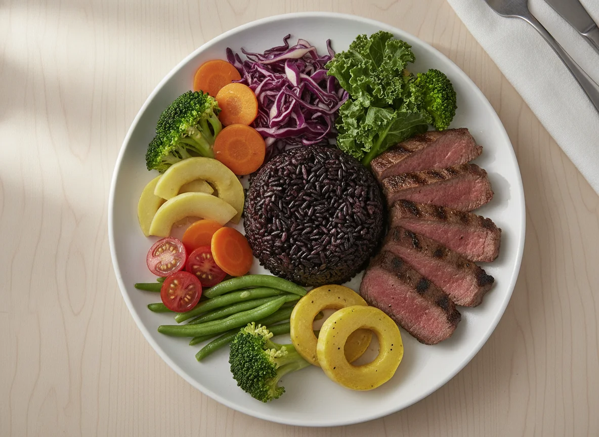 Grilled Beef with Steamed Vegetables and Black Rice photo