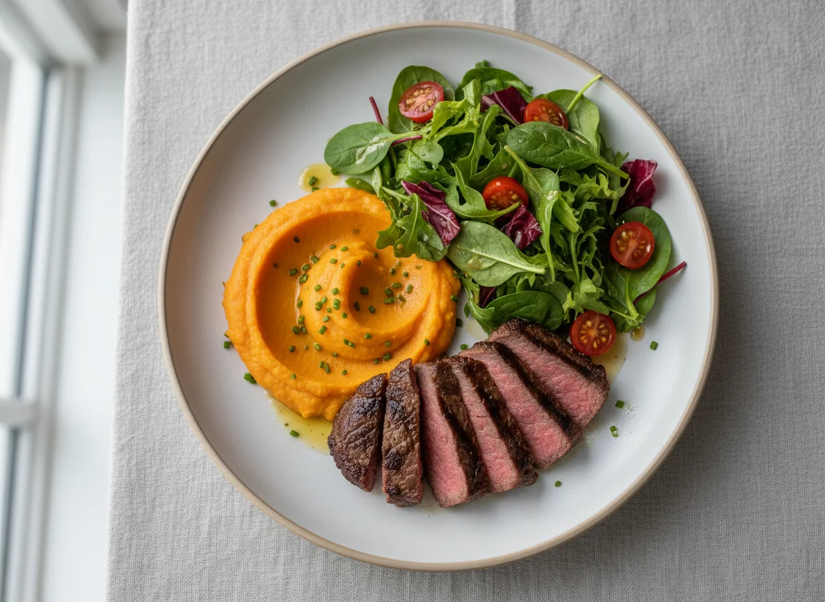 Grilled Beef with Sweet Potato Puree and Mixed Salad photo