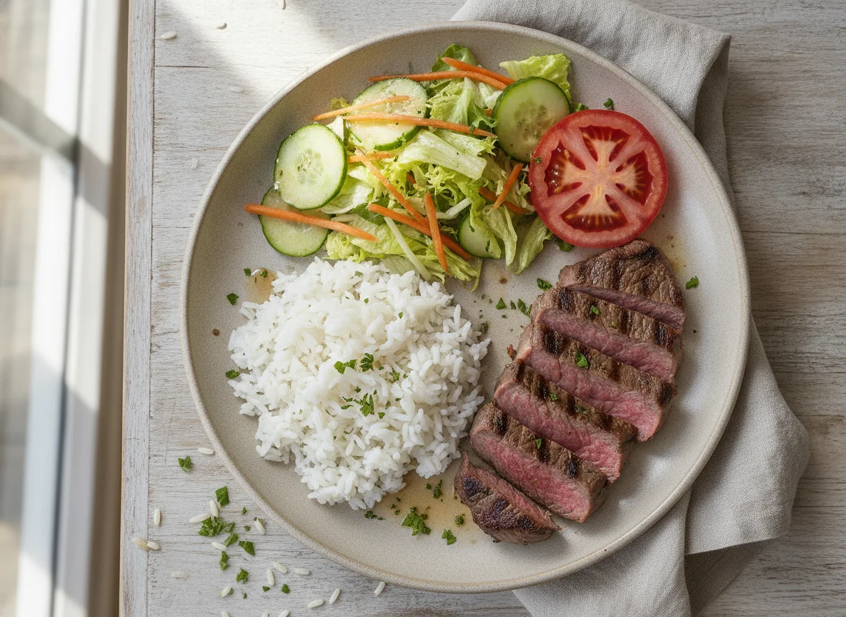 Grilled Beef with White Rice and Salad photo