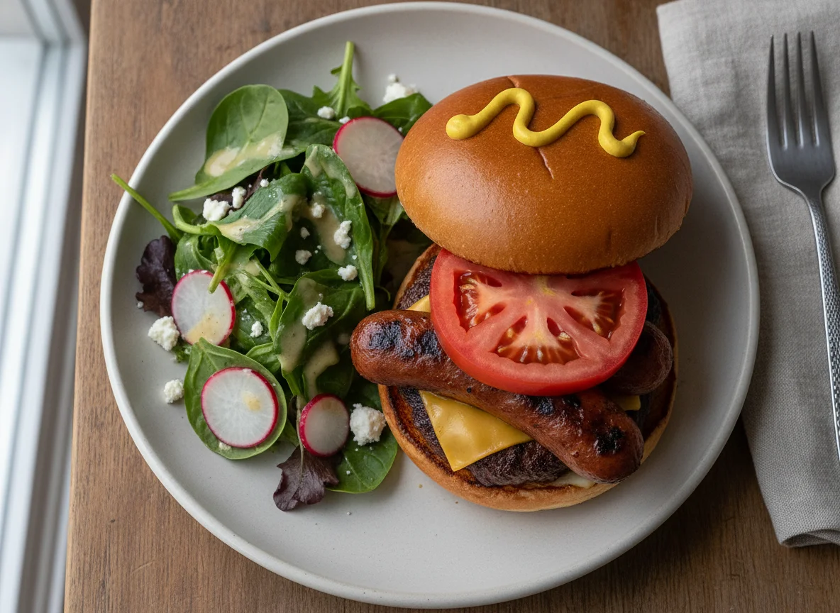 Grilled Burger with Sausage and Side Salad photo