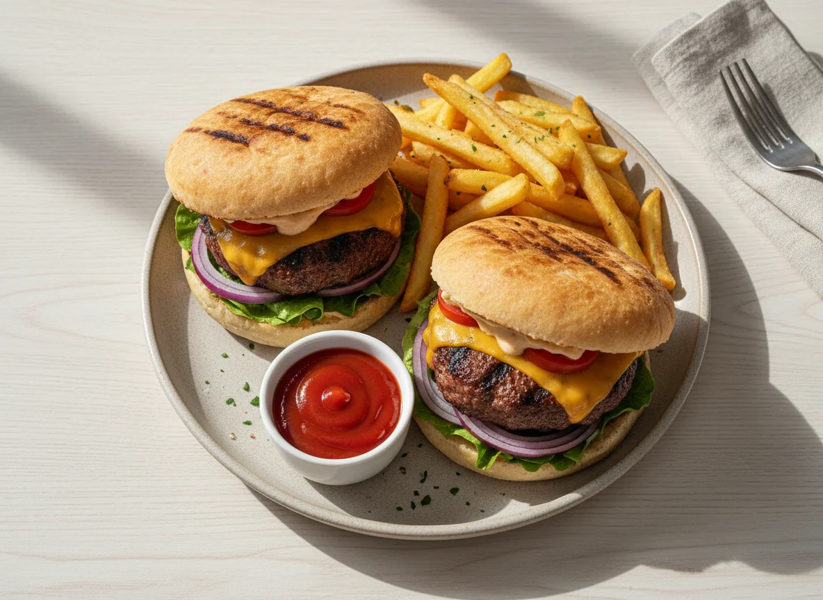 Grilled Burgers with Fries and Ketchup photo