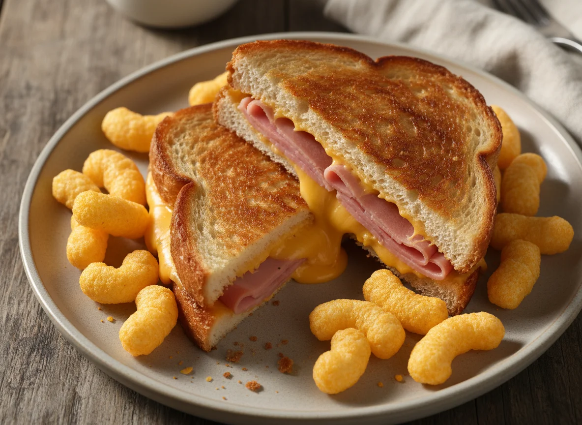 Grilled Cheese and Ham Sandwich with Cheese Puffs photo