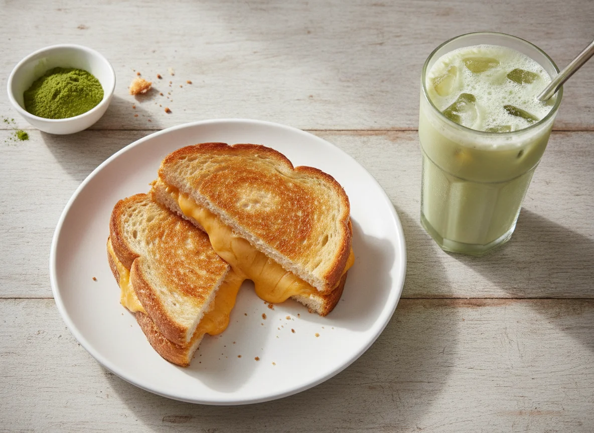 Grilled Cheese Sandwich and Iced Matcha Latte photo