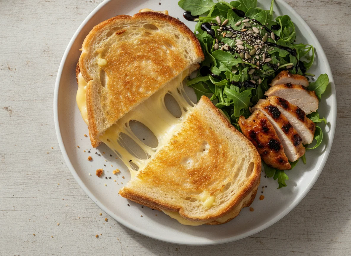 Grilled cheese sandwich with arugula salad and chicken photo