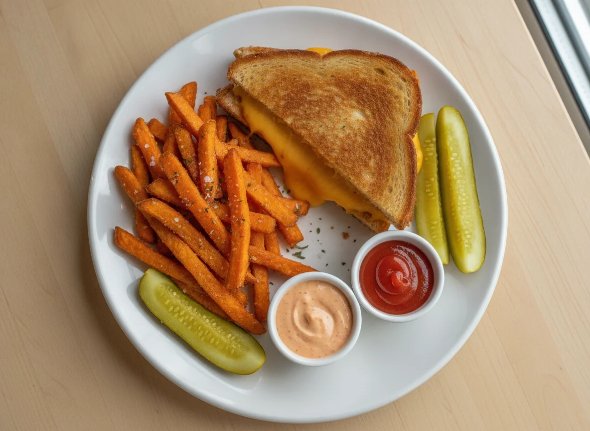 Grilled Cheese Sandwich with Sweet Potato Fries and Pickles photo
