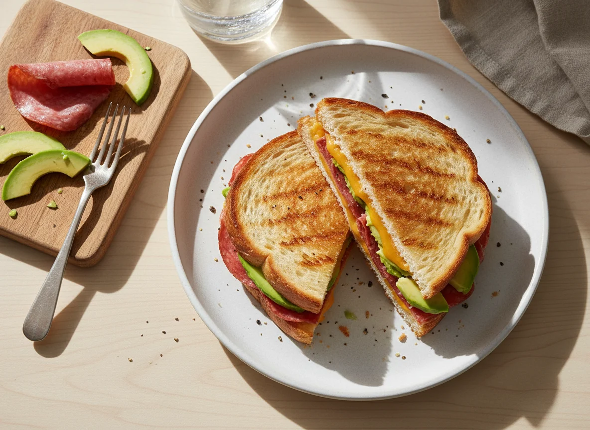 Grilled cheese with salami and avocado photo