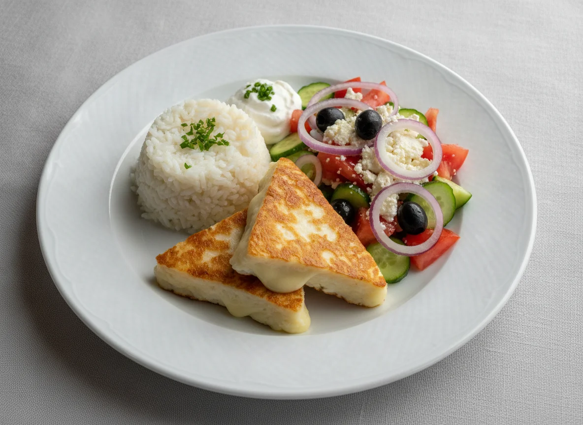 Grilled cheese with white rice and shopska salad photo