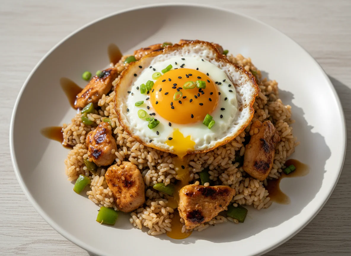 Grilled Chicken and Bell Pepper Rice with Fried Egg photo