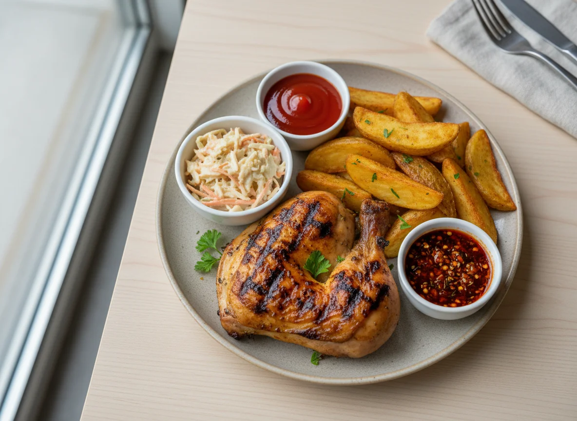 Grilled Chicken and Chips with Sauces and Coleslaw photo