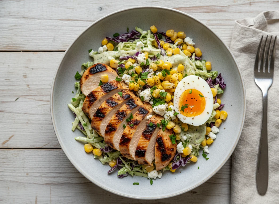 Grilled Chicken and Egg Bowl with Corn and Feta photo