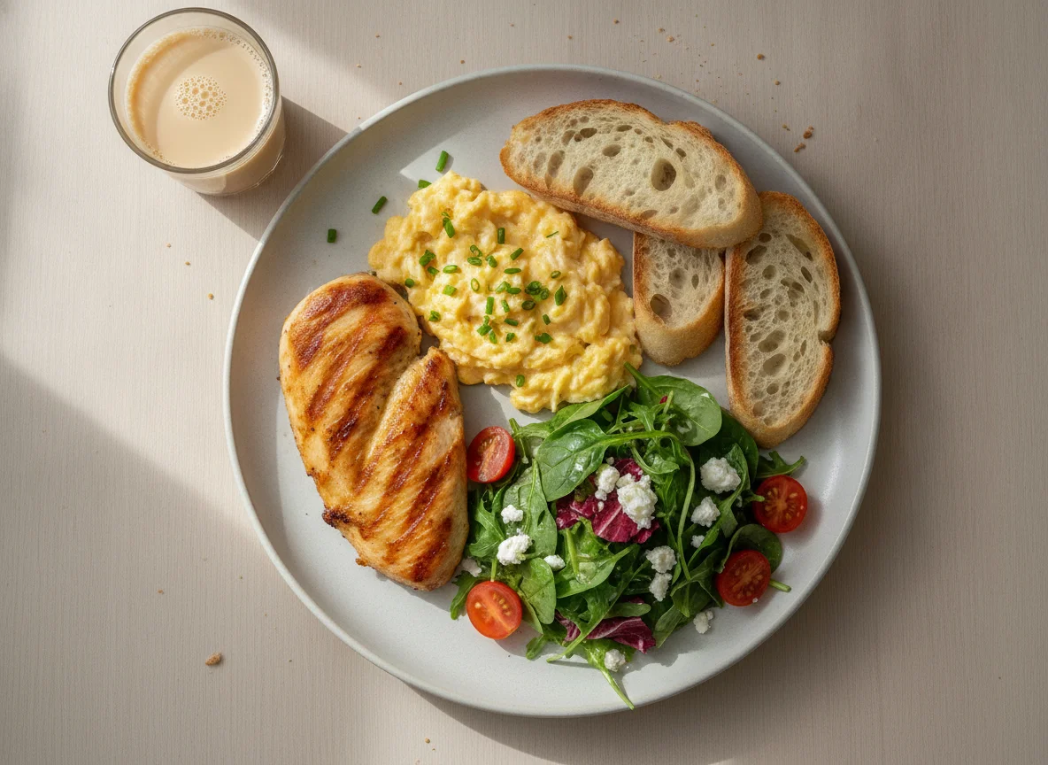 Grilled Chicken and Egg Breakfast Plate with Salad and Baguette photo