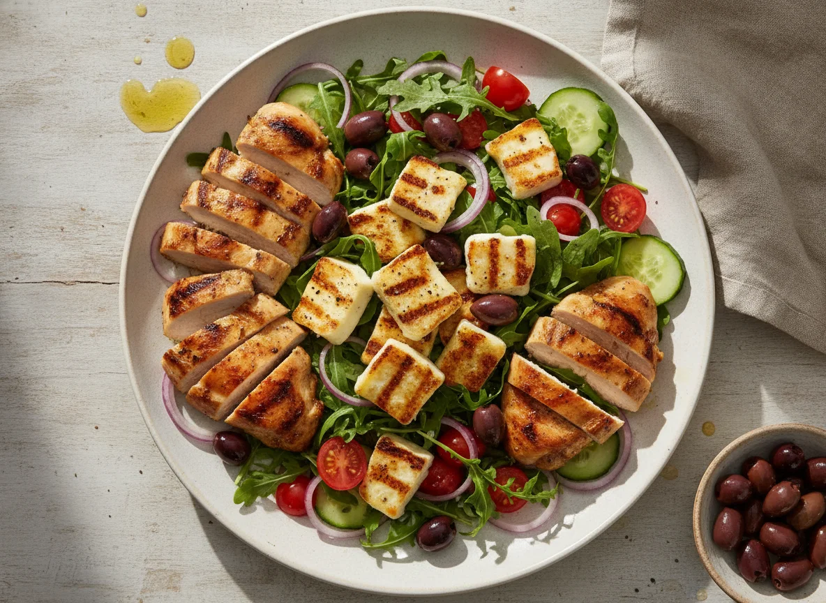 Grilled Chicken and Halloumi Salad with Olives photo