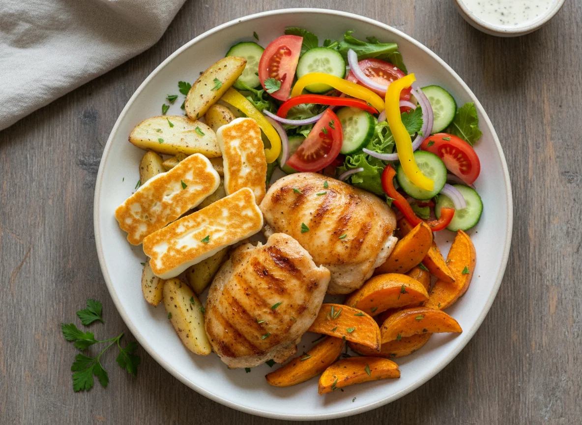 Grilled Chicken and Halloumi with Potatoes and Salad photo