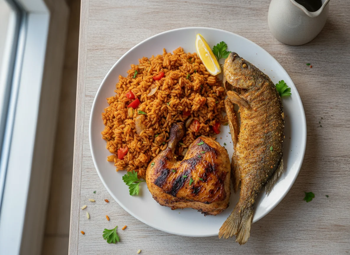 Grilled Chicken and Jollof Rice with Fish photo