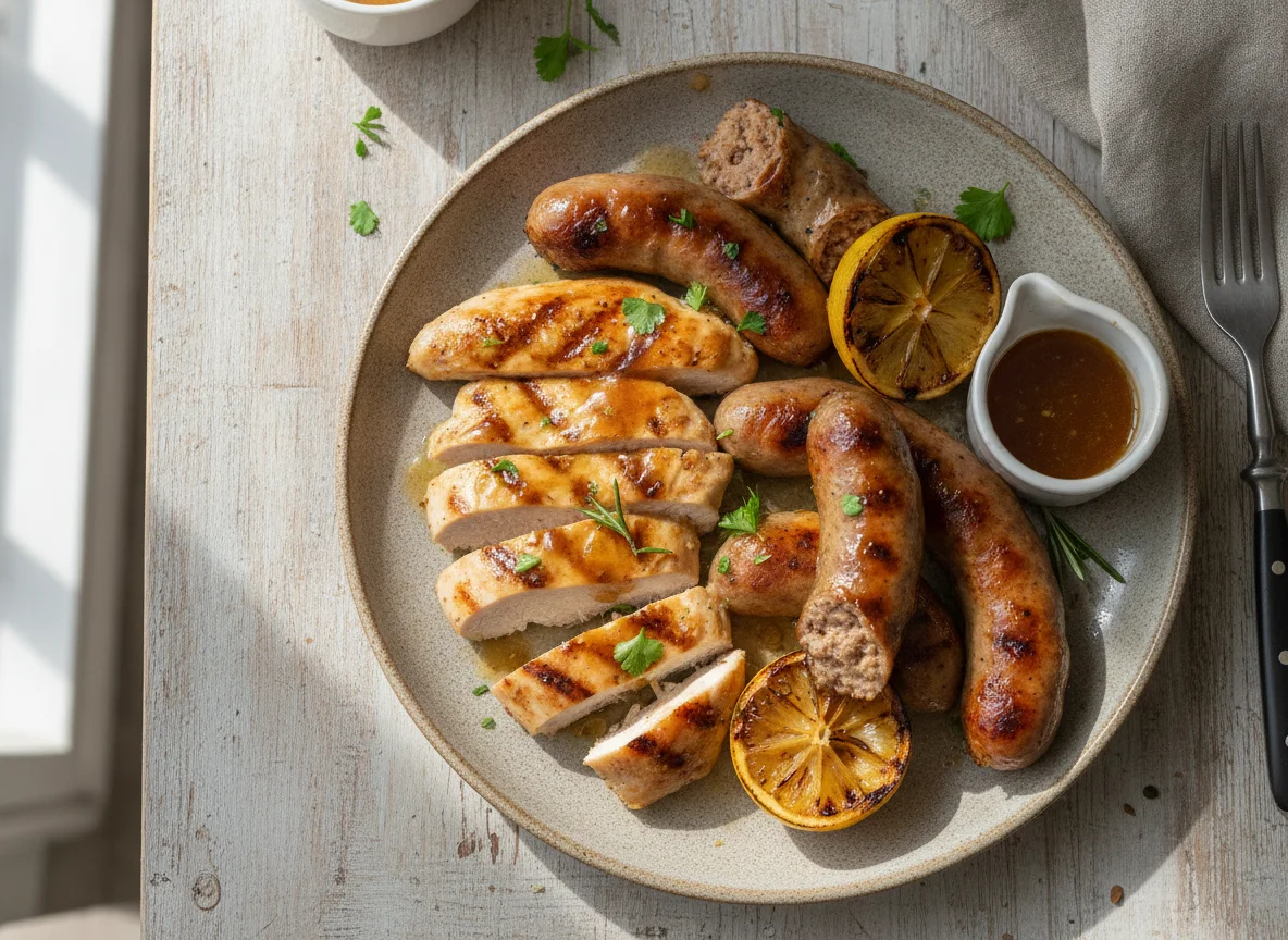 Grilled chicken and pork sausages photo