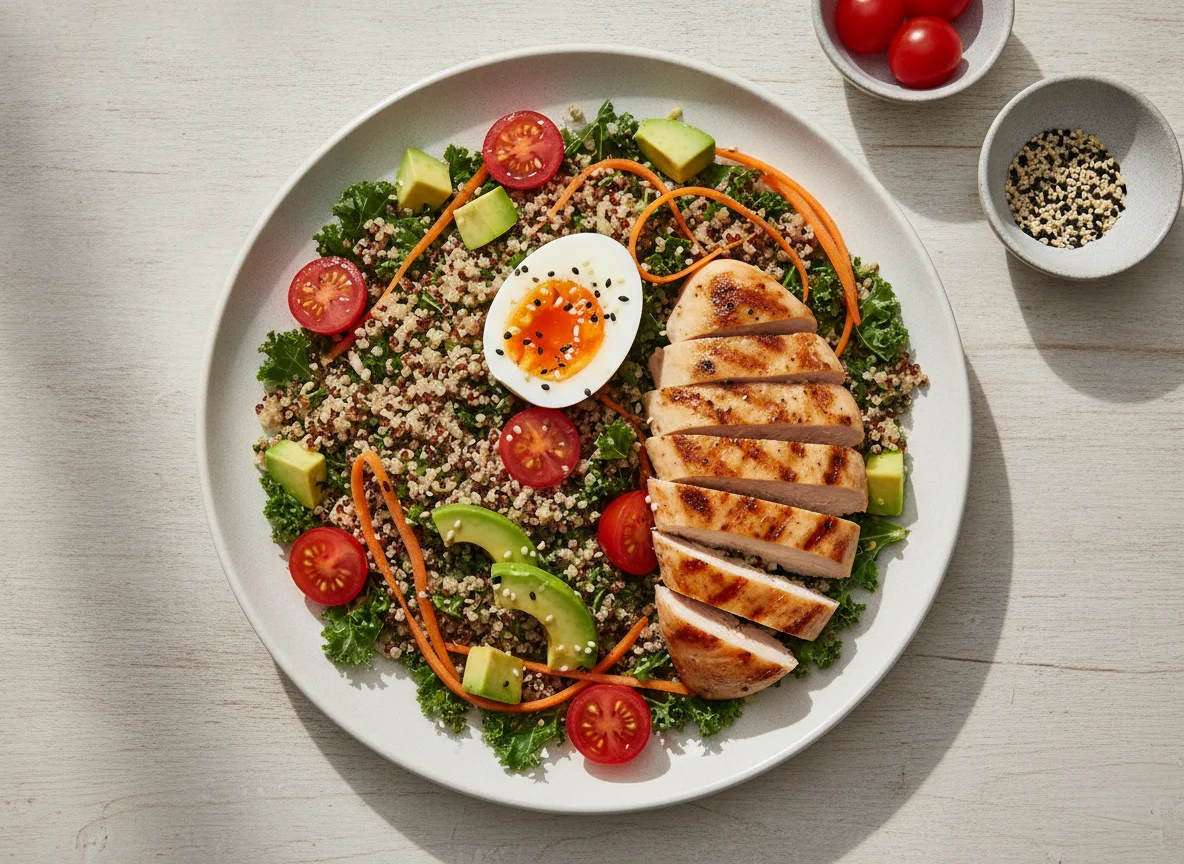 Grilled Chicken and Quinoa Salad with Soft Boiled Egg photo