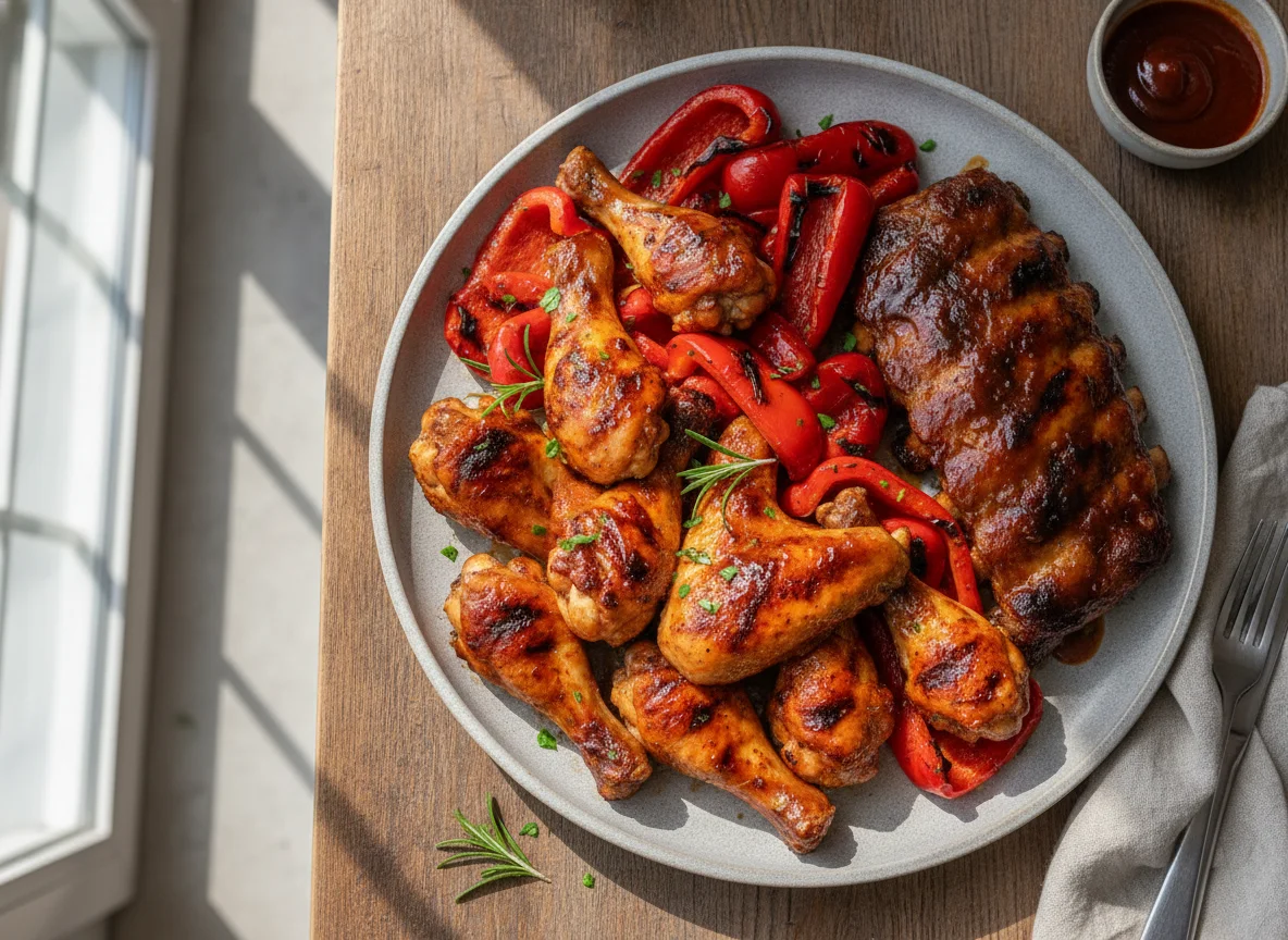 Grilled Chicken and Ribs with Roasted Peppers photo