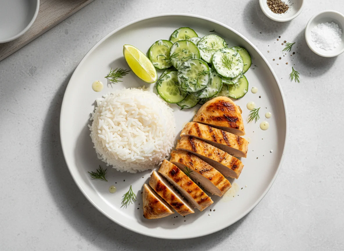 Grilled Chicken and Rice with Cucumber Salad photo