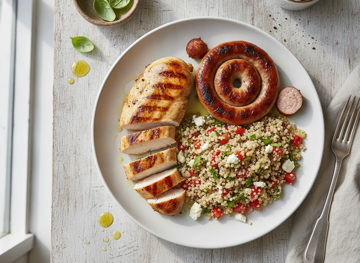 Grilled chicken and sausage with quinoa salad photo