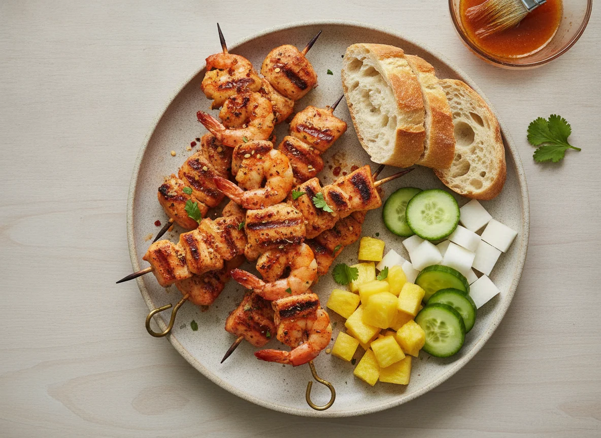 Grilled Chicken and Shrimp Skewers with Baguette, Pineapple, and Cucumber photo
