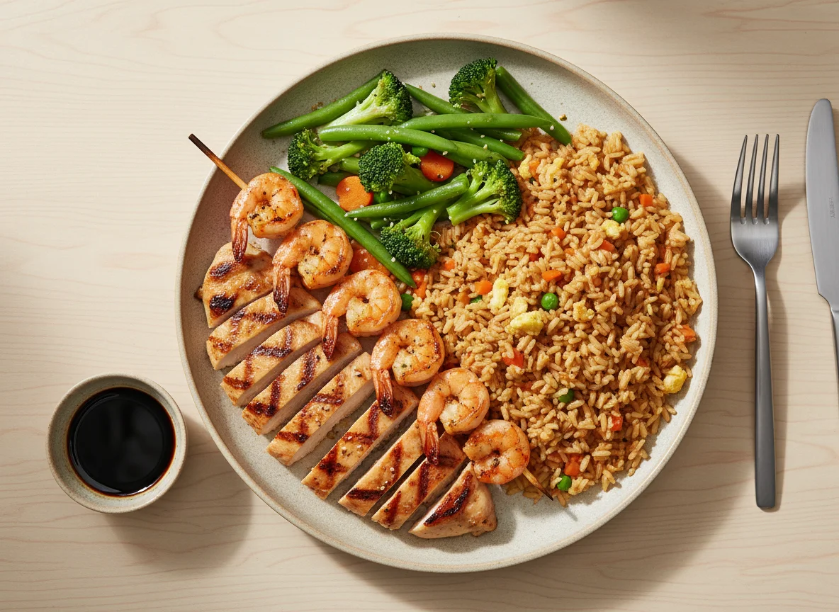Grilled Chicken and Shrimp with Vegetables and Fried Rice photo