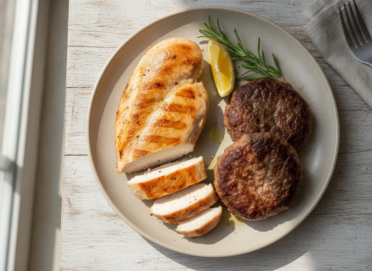 Grilled chicken breast and beef patties photo