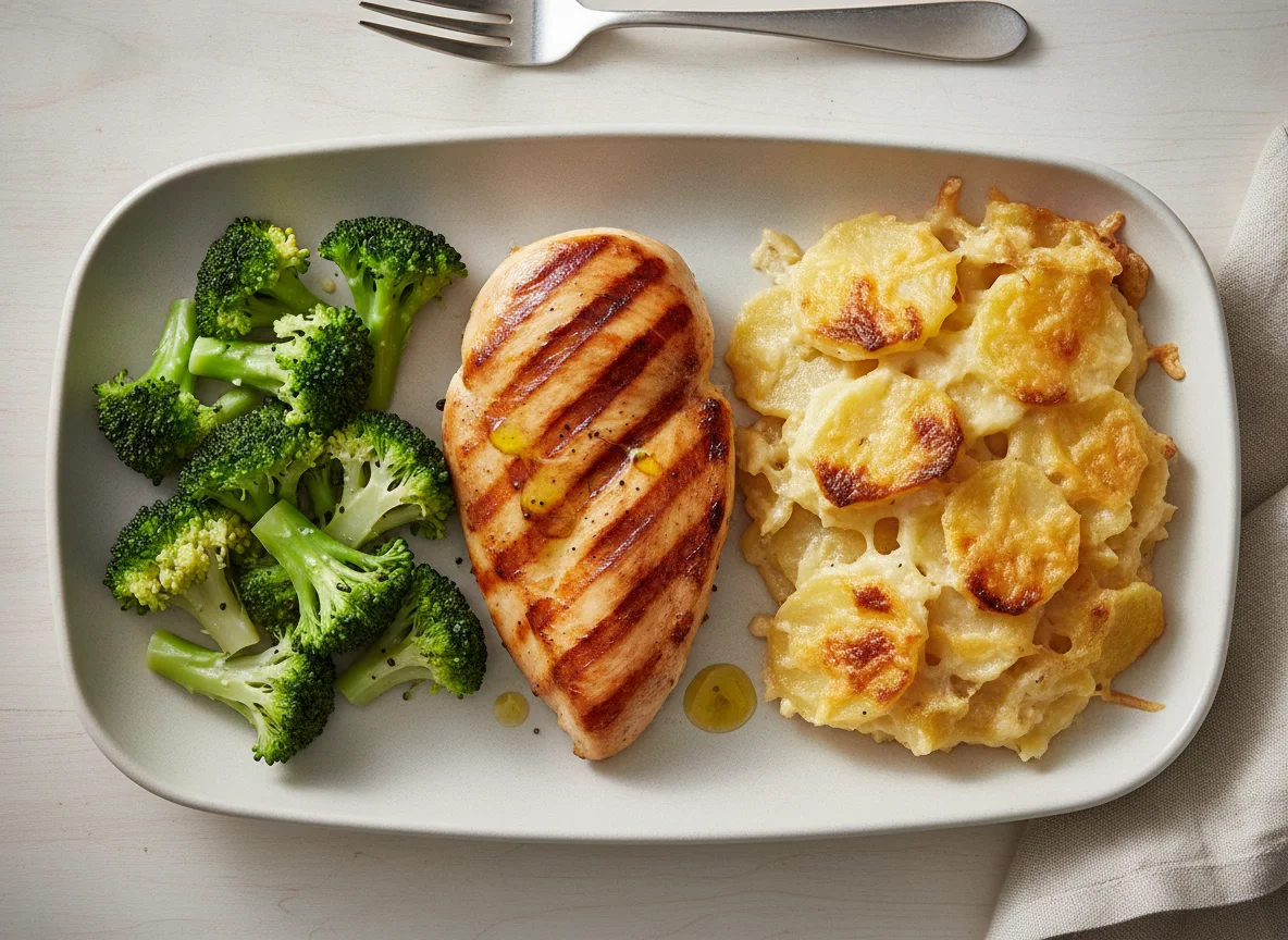 Grilled chicken breast with broccoli and potato gratin photo