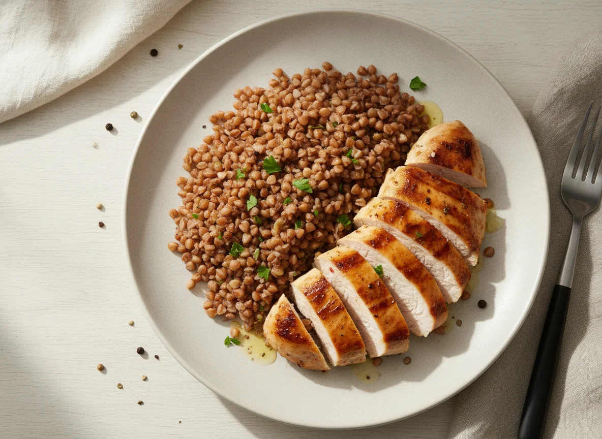 Grilled chicken breast with buckwheat photo