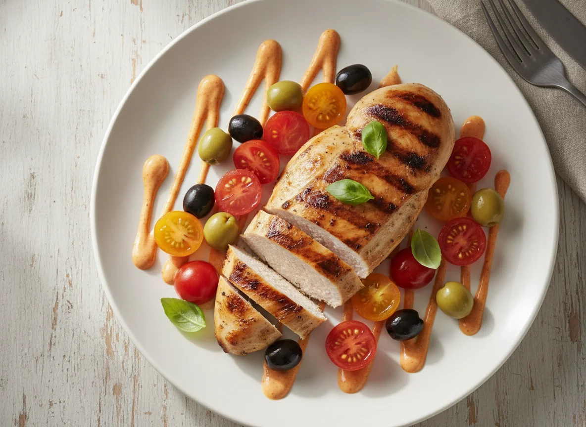 Grilled Chicken Breast with Cherry Tomatoes, Olives and Spicy Mayo photo