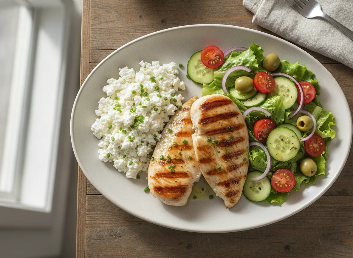 Grilled chicken breast with cottage cheese and garden salad photo