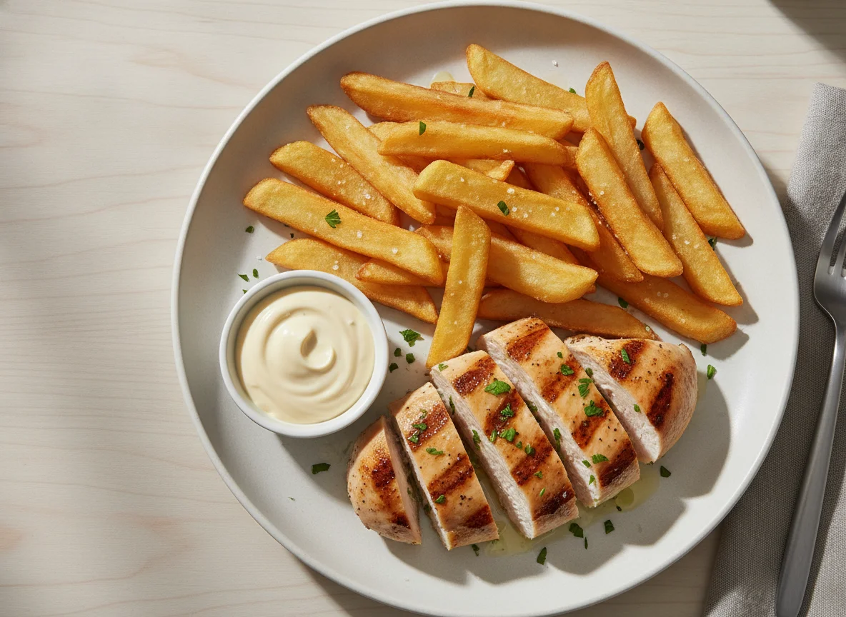 Grilled chicken breast with french fries photo