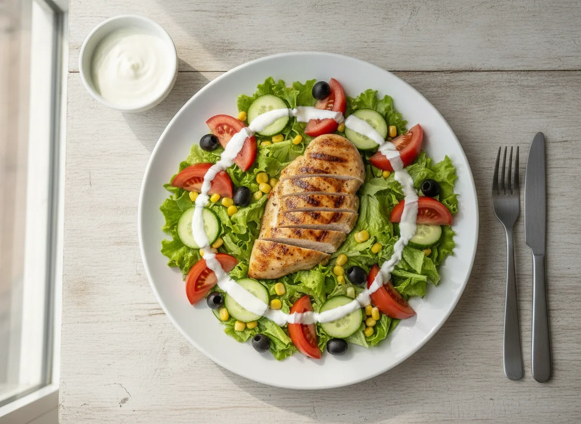 Grilled chicken breast with fresh garden salad and yogurt dressing photo