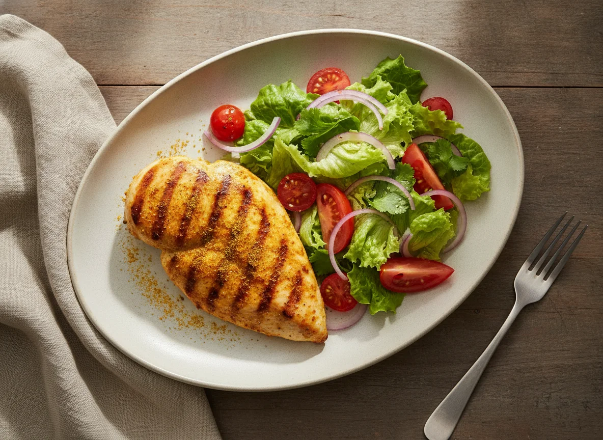 Grilled chicken breast with fresh salad photo