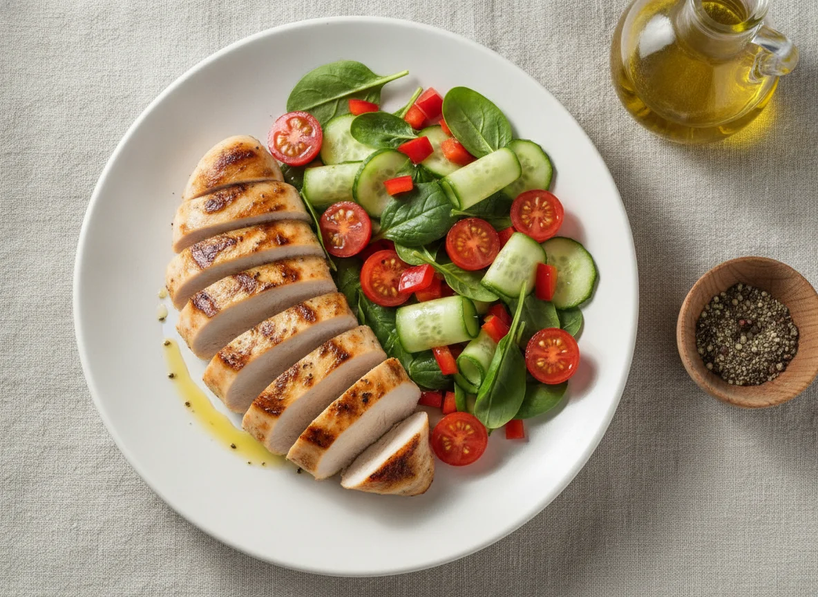 Grilled chicken breast with fresh vegetable salad photo