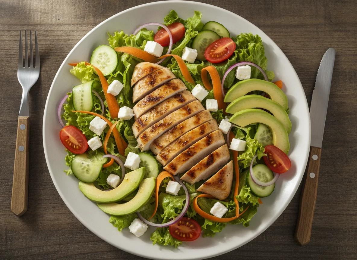 Grilled Chicken Breast with Garden Salad and Feta photo
