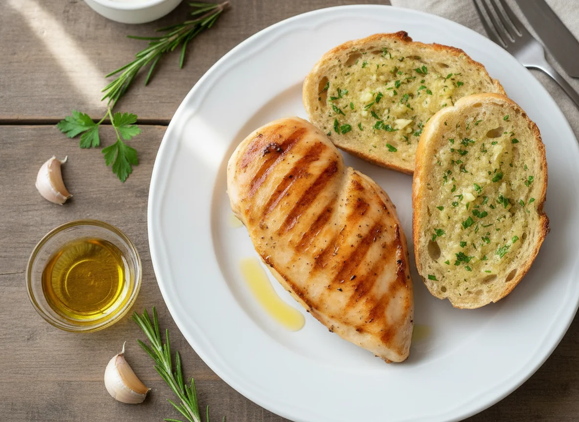 Grilled chicken breast with garlic herb bread photo