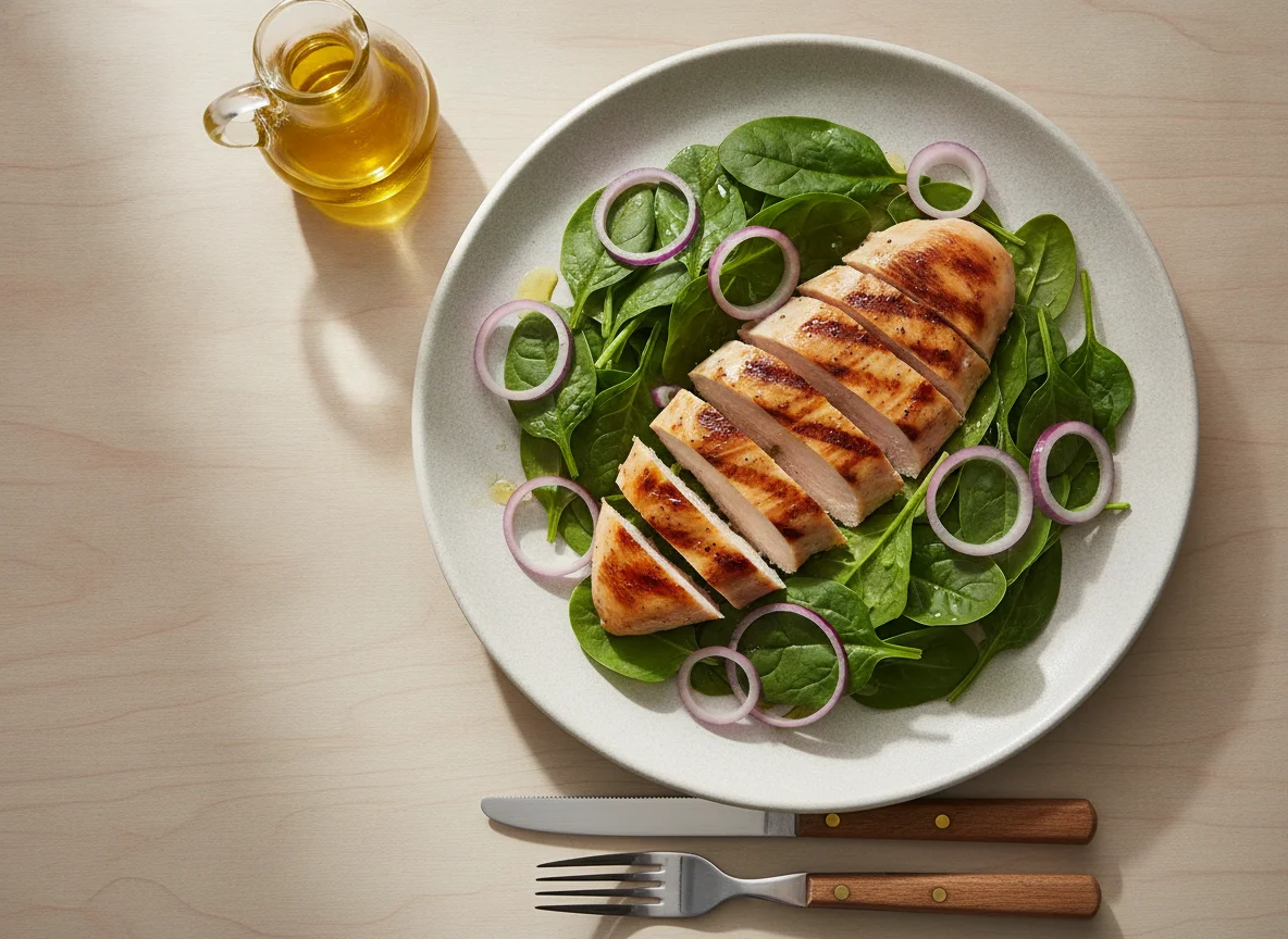 Grilled chicken breast with green salad and red onion photo