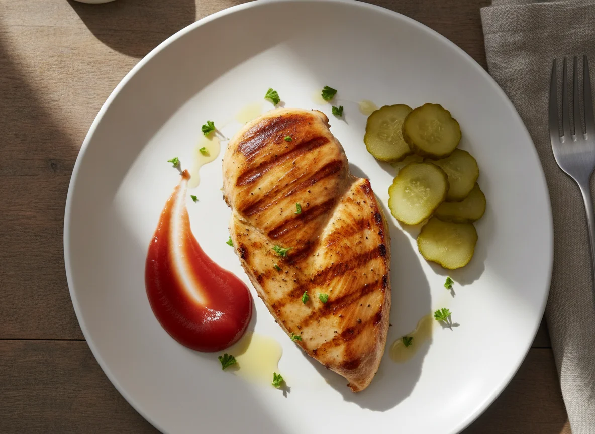 Grilled Chicken Breast with Ketchup and Pickles photo