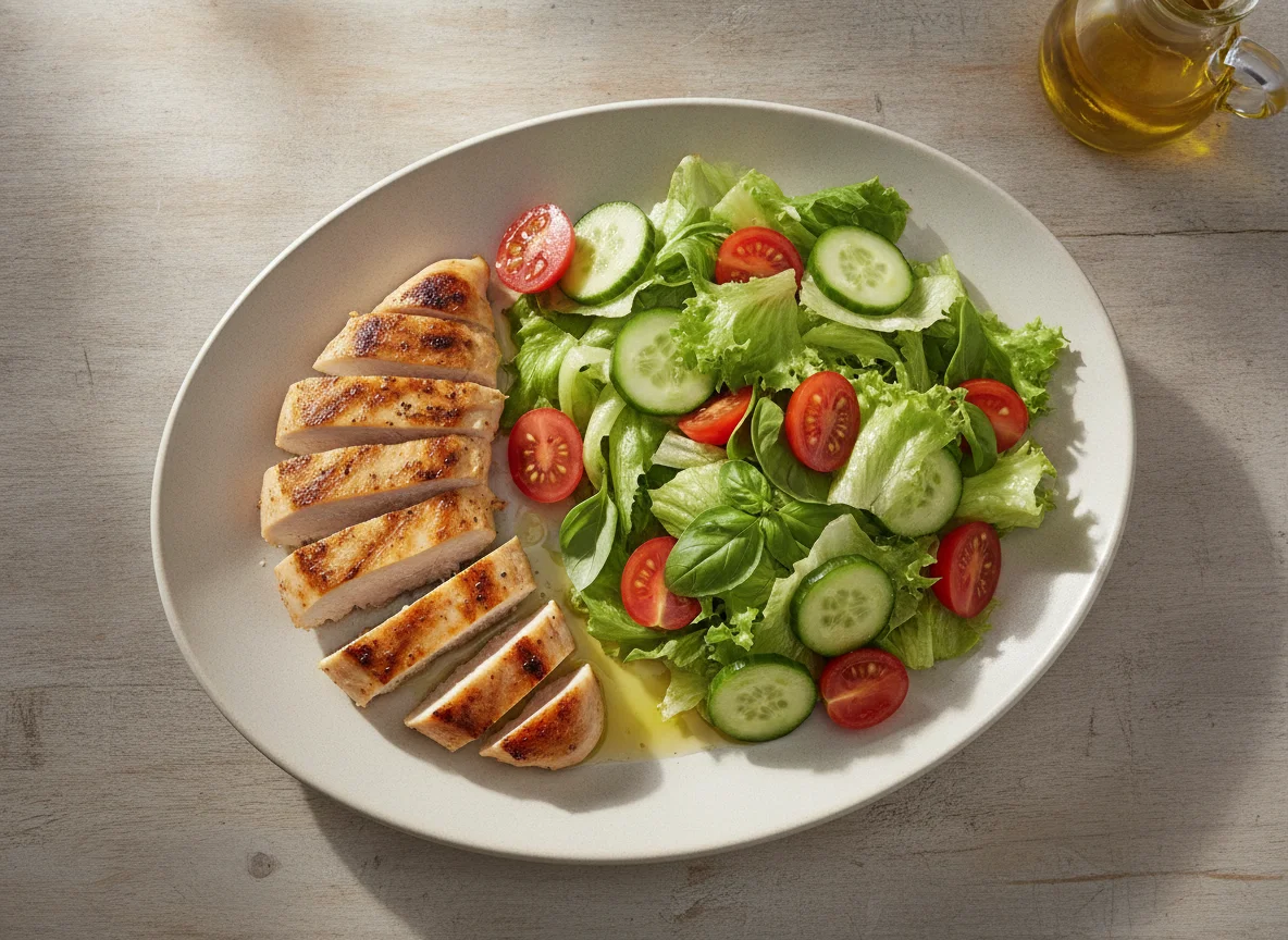 Grilled chicken breast with mixed salad photo