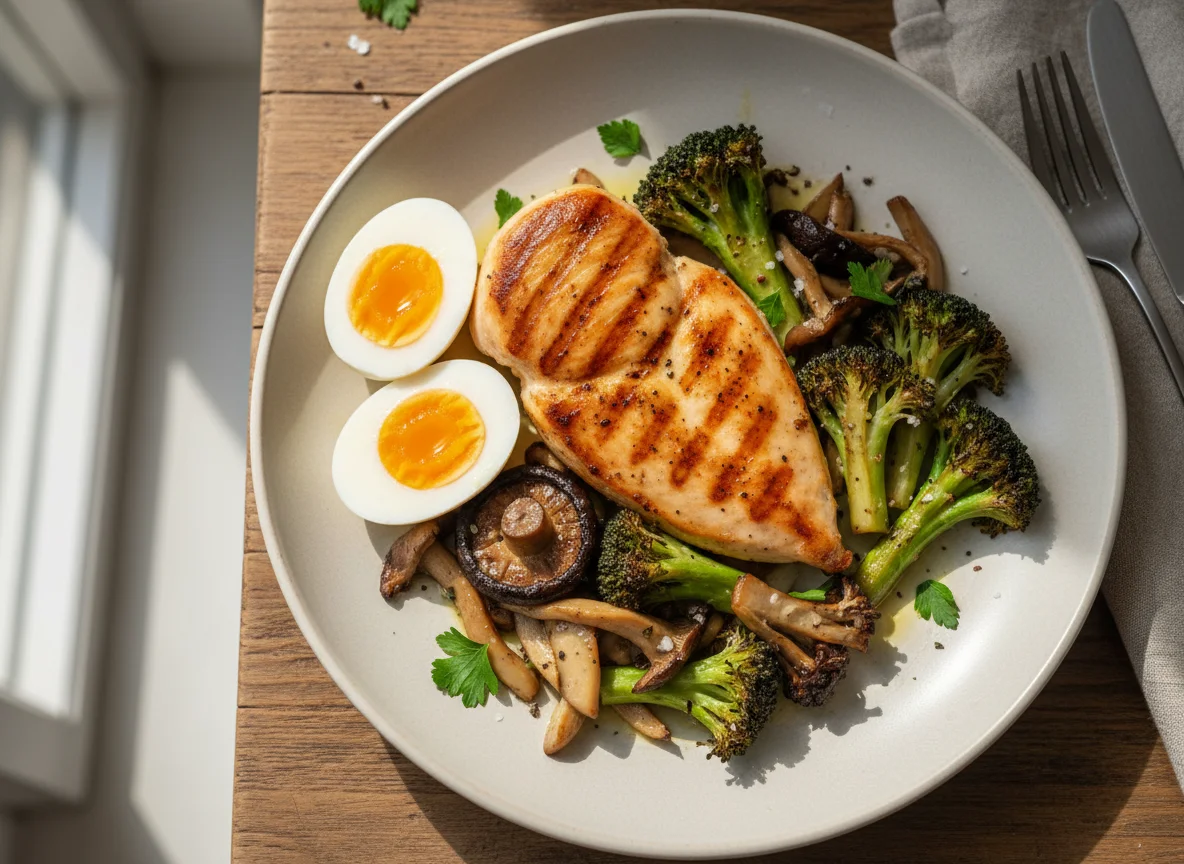Grilled Chicken Breast with Mushrooms, Boiled Egg and Roasted Broccoli photo