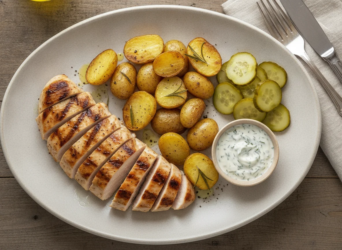 Grilled chicken breast with roasted potatoes and pickles photo